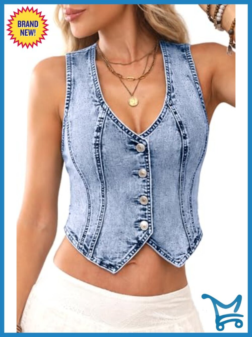 V-Neck Cropped Denim Vest, High Stretch Slim Fit Western Cowgirl Vest Top